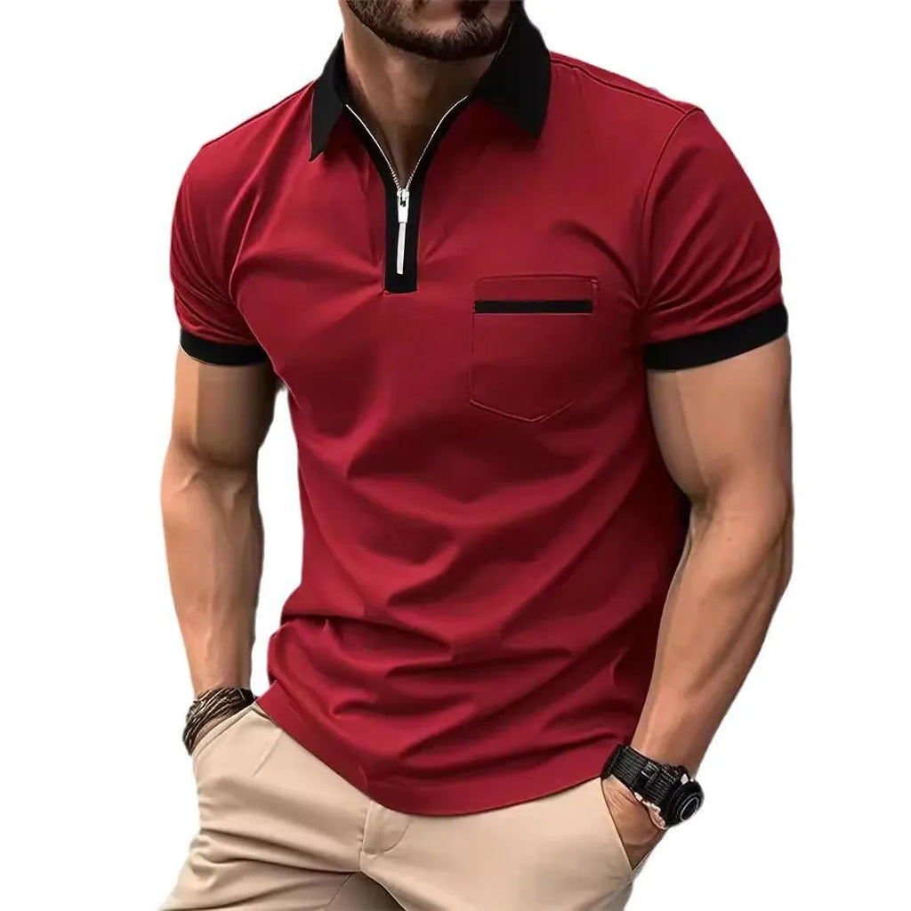 Man wearing a loose-fit short-sleeve casual shirt with a chest pocket and zipper decorations on the front.