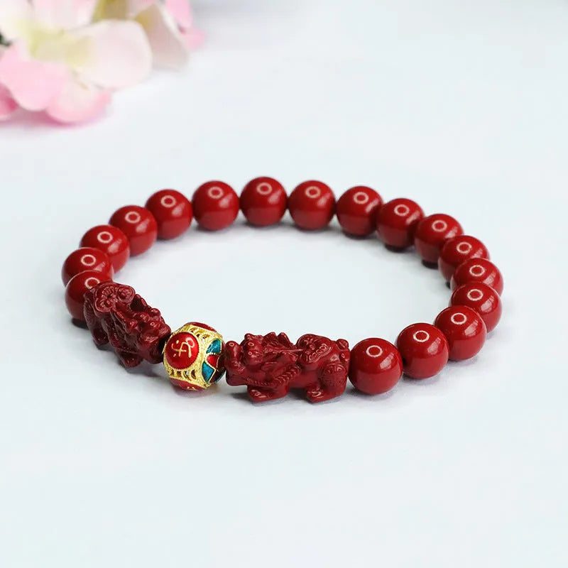 Cinnabar Double Pixiu Women's Bracelet with carved design and purple gold sand double leather show detailing