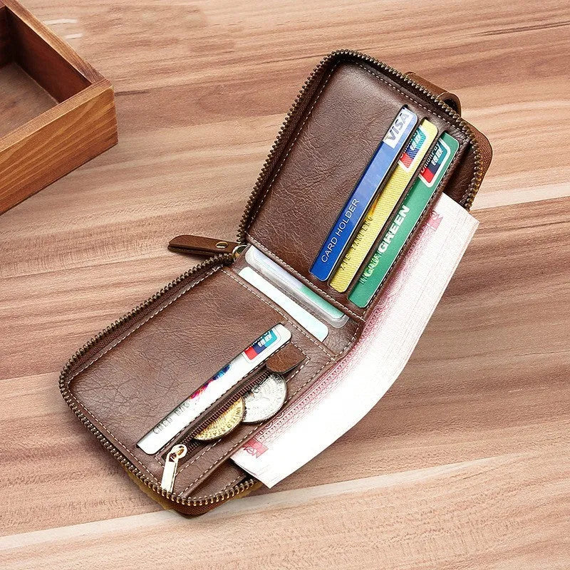 Men's short style bi-fold PU leather wallet in three colour options showing compact design