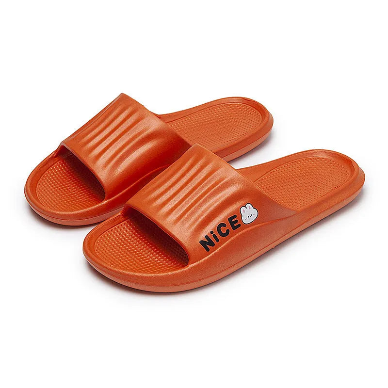Adult unisex EVA flip-flop slippers with cartoon pattern in various colours on non-slip sole.