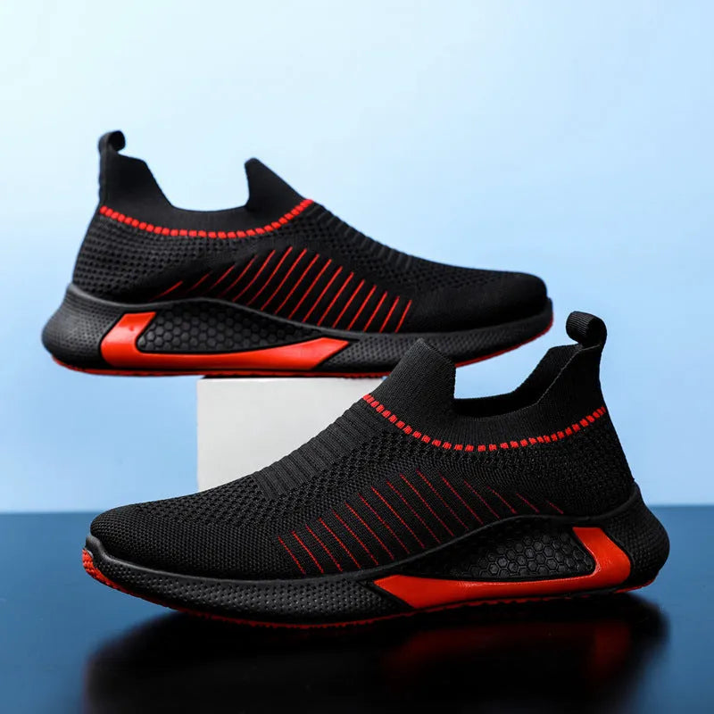 Men's mesh sock shoes with striped design, Flyknit upper, and plastic sole in black-white colour, size 42