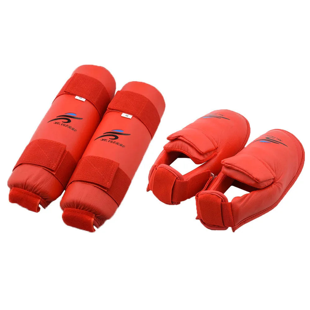 Red and blue martial arts protective gear set showing leg guards, boxing gloves, and a helmet for taekwondo and karate.