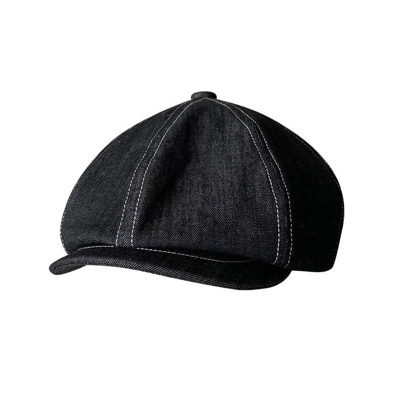 Black cotton beret with Japanese denim fabric in octagonal retro design for men and women