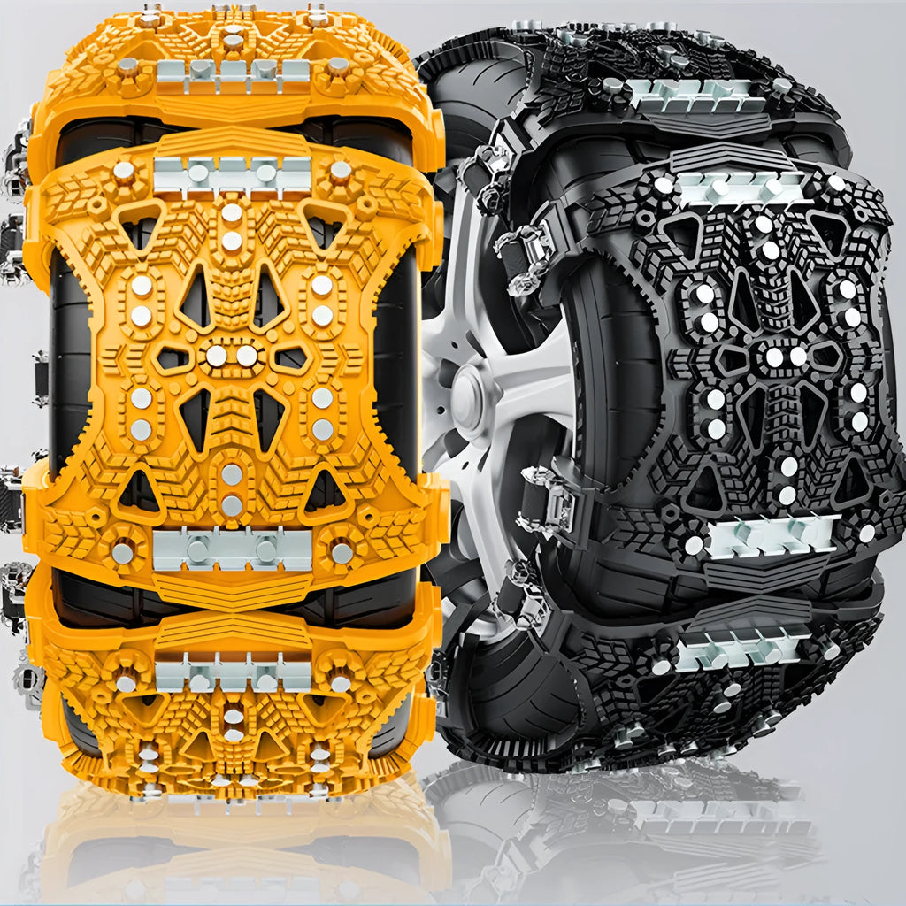 Universal armoured steel plate tyre chains for cars and SUVs in black or yellow with tools