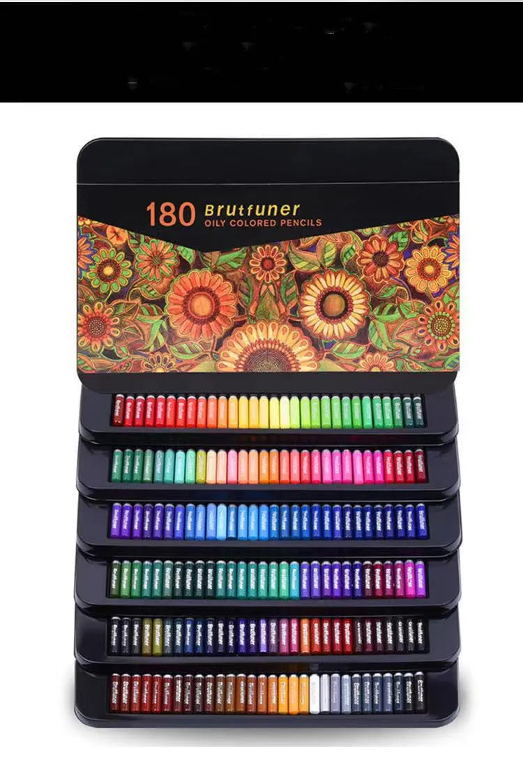 180 oil-based coloured pencils in wooden barrels stored in iron box for drawing and sketching