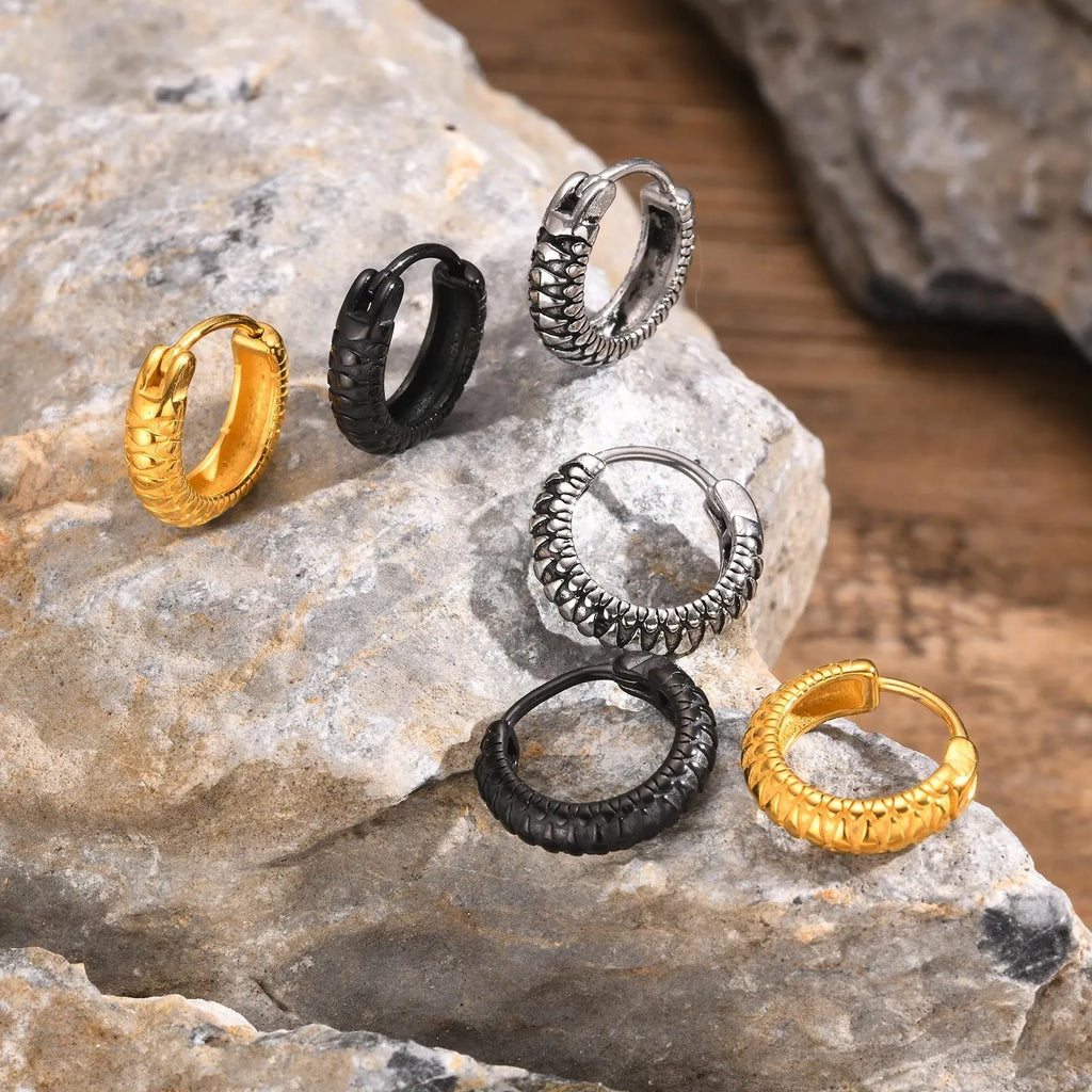 Stainless steel earrings with snake pattern texture in black or gold finish for hip hop style