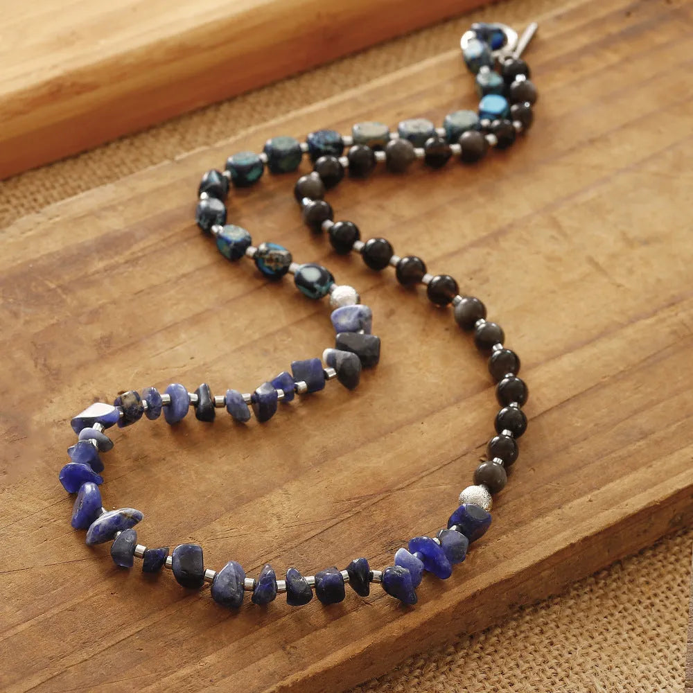 Blue hand-woven crushed stone bracelet with geometric Fang Hui stone and gold obsidian beads