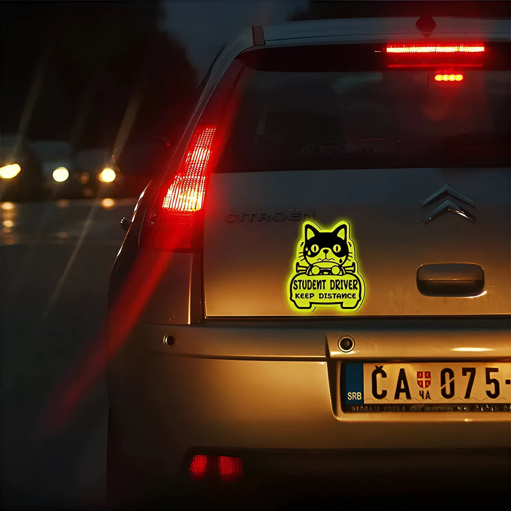 Set of three magnetic reflective car stickers featuring cat, panda, and duck designs on a car window.