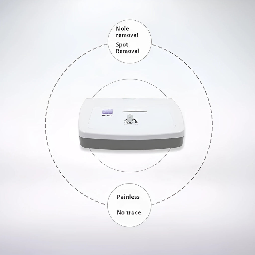 White professional spot and mole removal pen electronic beauty device with power adaptors.