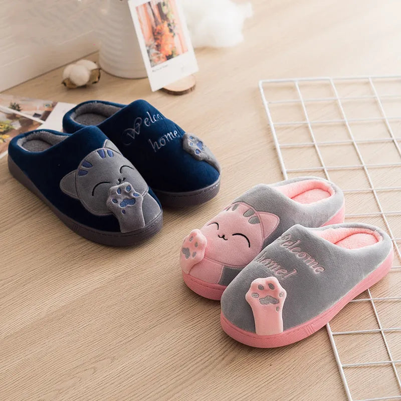 Unisex plush cat slippers with non-slip EVA sole, shown in multiple colours