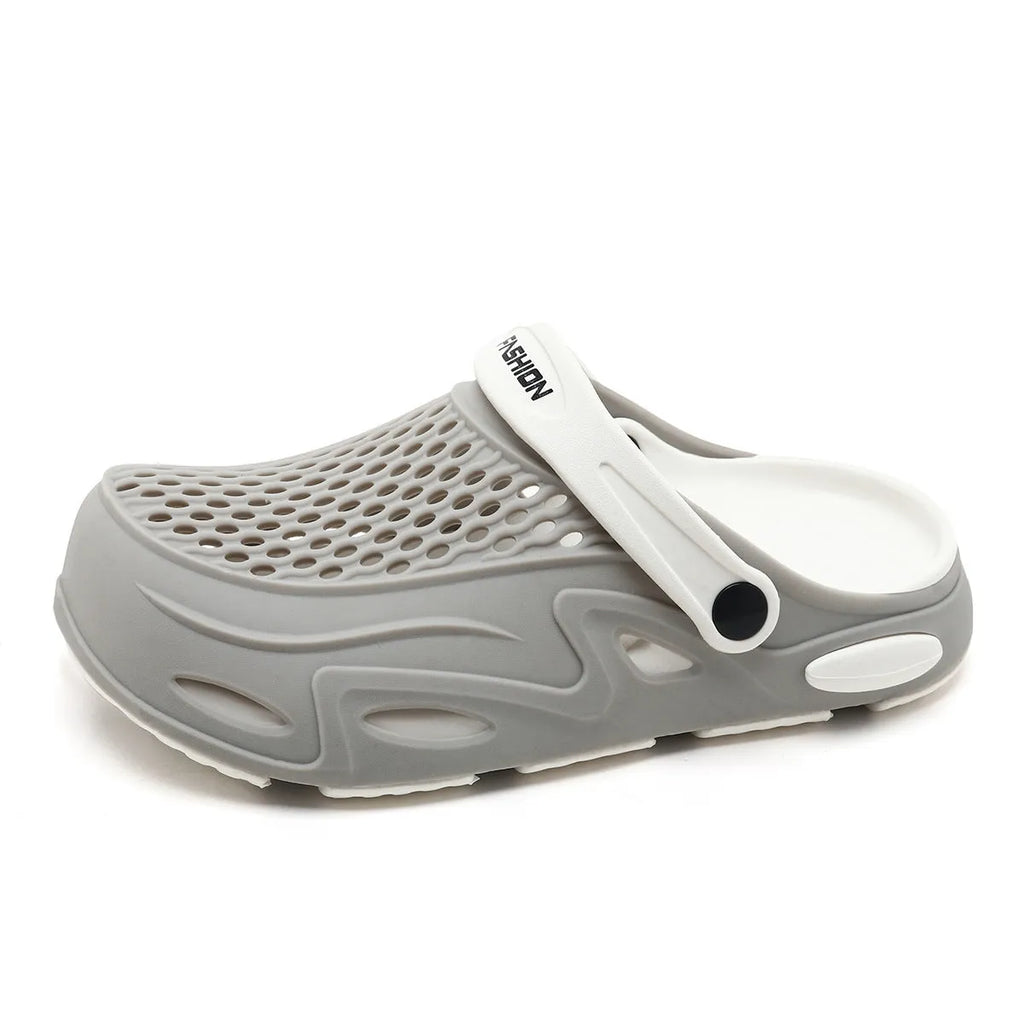 Men's grey closed toe EVA beach slippers with non-slip sole and round toe design