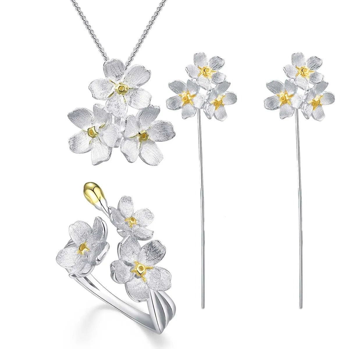 Hand-designed sterling silver forget-me-not flower pendant in pastoral style, showing open-mouth detail.