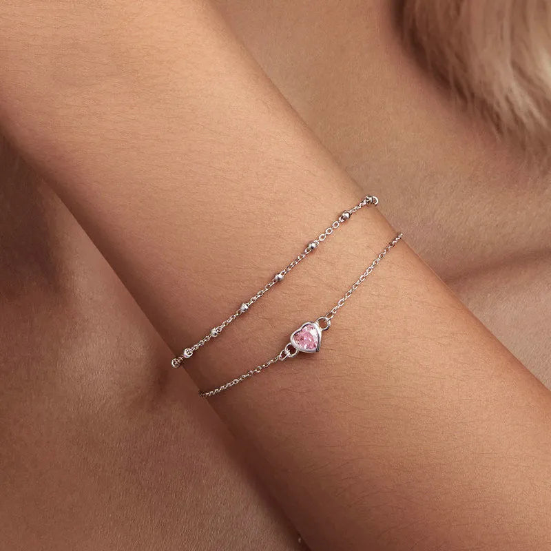 Sweet Girlish 925 sterling silver heart-shaped bracelet with adjustable chain and 6mm pendant for travel commemoration
