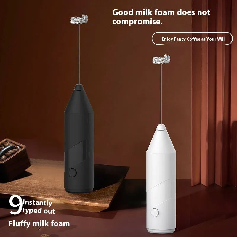 Mini handheld milk frother with stainless steel whisk and USB charging port in black colour option