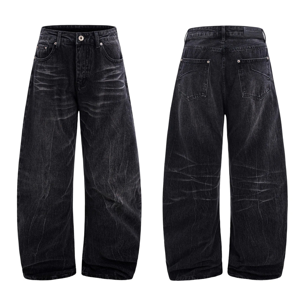 Men's black straight-leg jeans with faded lightning crack pattern on cotton denim