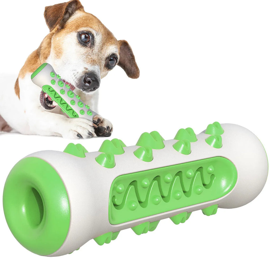 Natural rubber dog toothbrush chew toy in blue colour, measuring 15cm long, for dental cleaning and boredom reduction