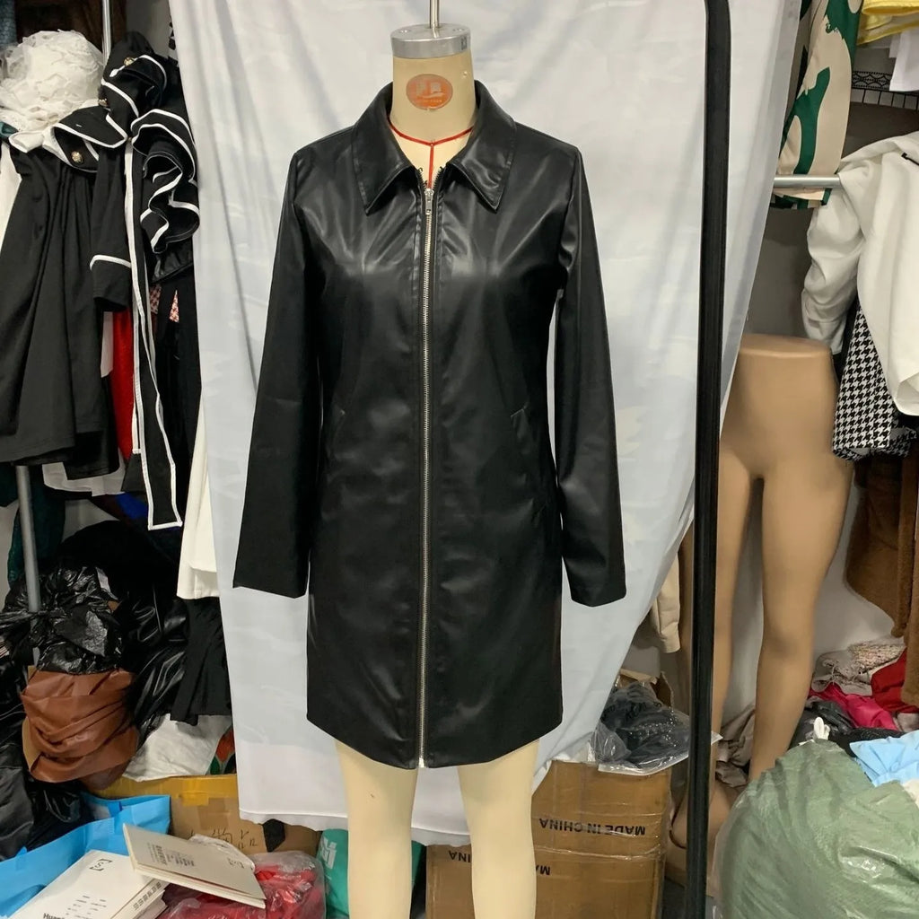 Women's black polyester leather jacket with long sleeves and medium 65cm length