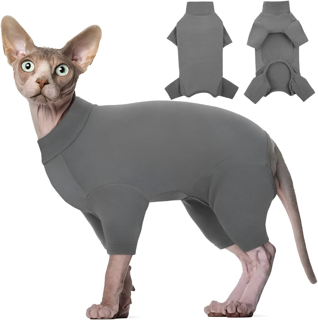 A grey turtleneck sweater for a Sphynx cat, showing the sleeves, leg holes, and pullover design.