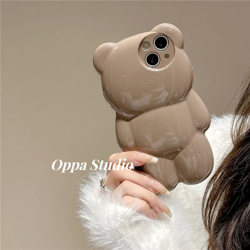 Silicone iPhone case with 3D bear design in khaki or wine red, anti-fall soft shell for iPhone 11-14 models