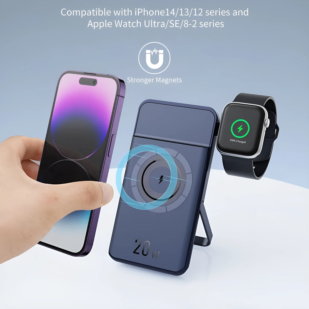 Black magnetic wireless power bank with bracket showing 10000mAh capacity and industrial design