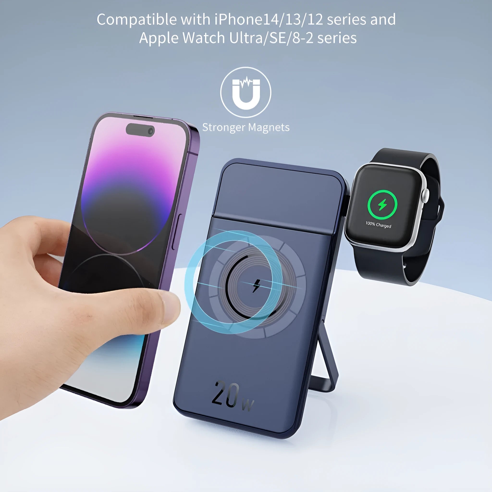 Black magnetic wireless power bank with bracket showing 10000mAh capacity and industrial design