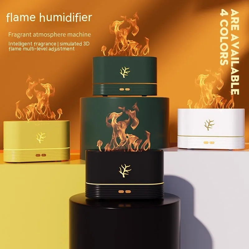 Square black or white USB flame humidifier with LED simulation fire effect and mist output.