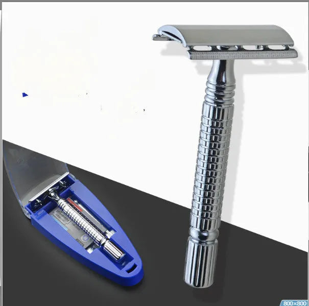 Superior Double Edged Safety Razor with storage box and blade on counter