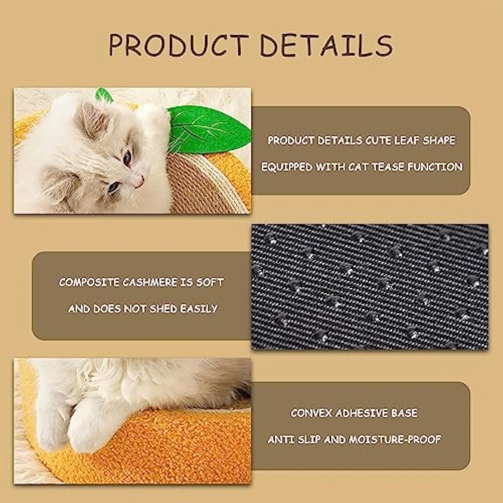 Yellow circular cat scratching board with sisal surface and concave centre for sleeping