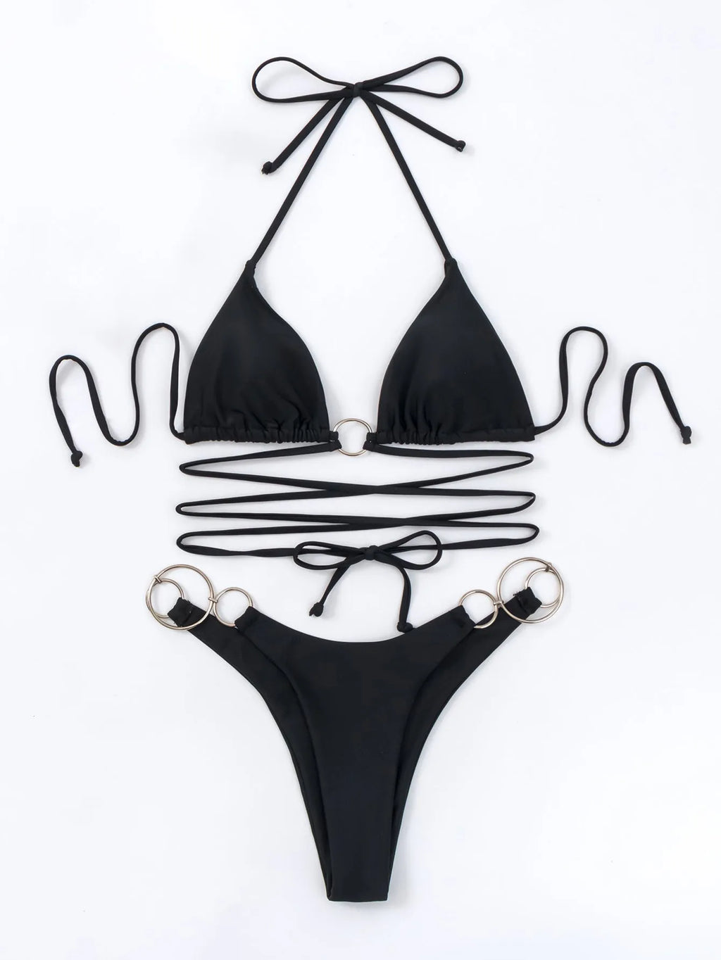 Black women's bikini set with metal ring straps and backless design for swimming and fitness