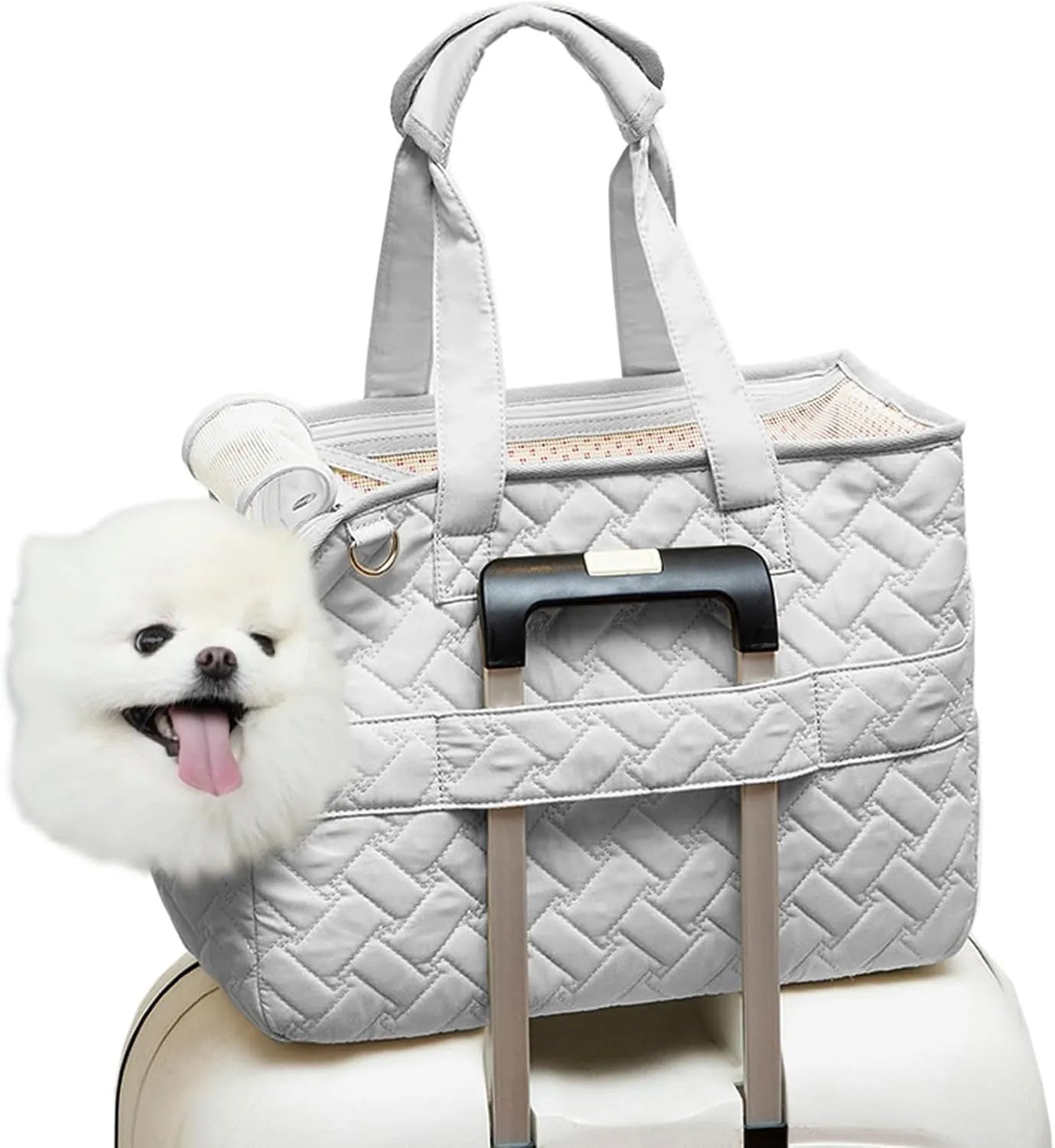 Grey pet carrier handbag with mesh panels and multiple pockets for small dog or cat travel.