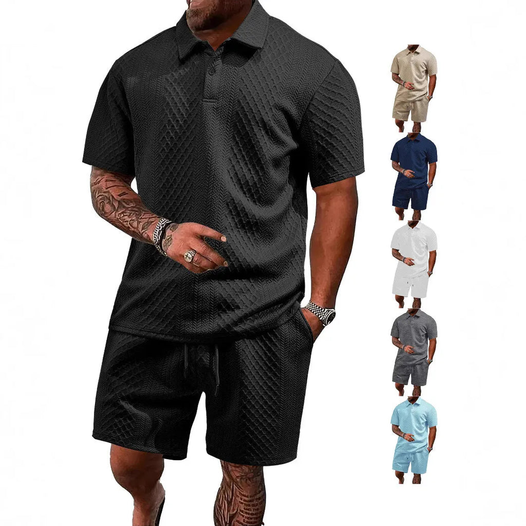 Men's patterned cloth casual short sleeve suit with matching trousers in multiple colour options