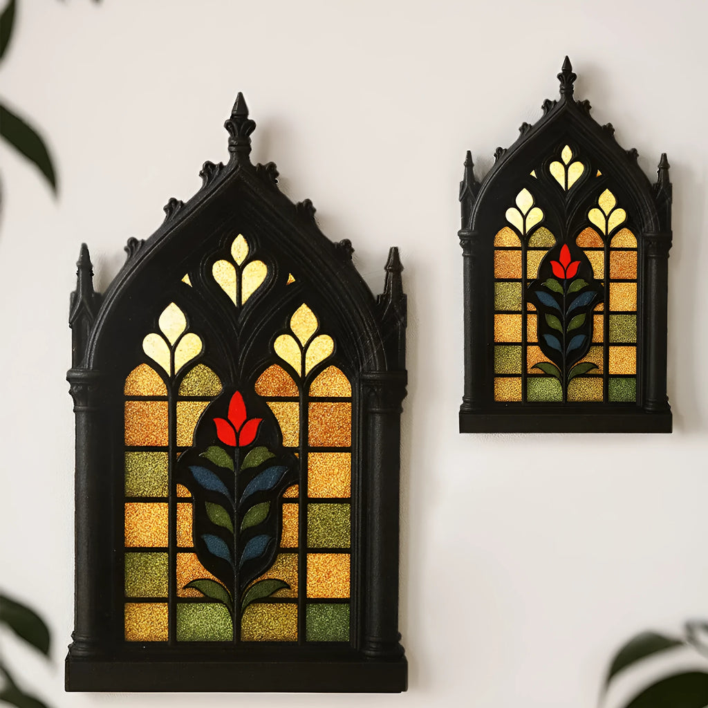Black rustic wooden Gothic-style door frame wall rack for storage and decoration.