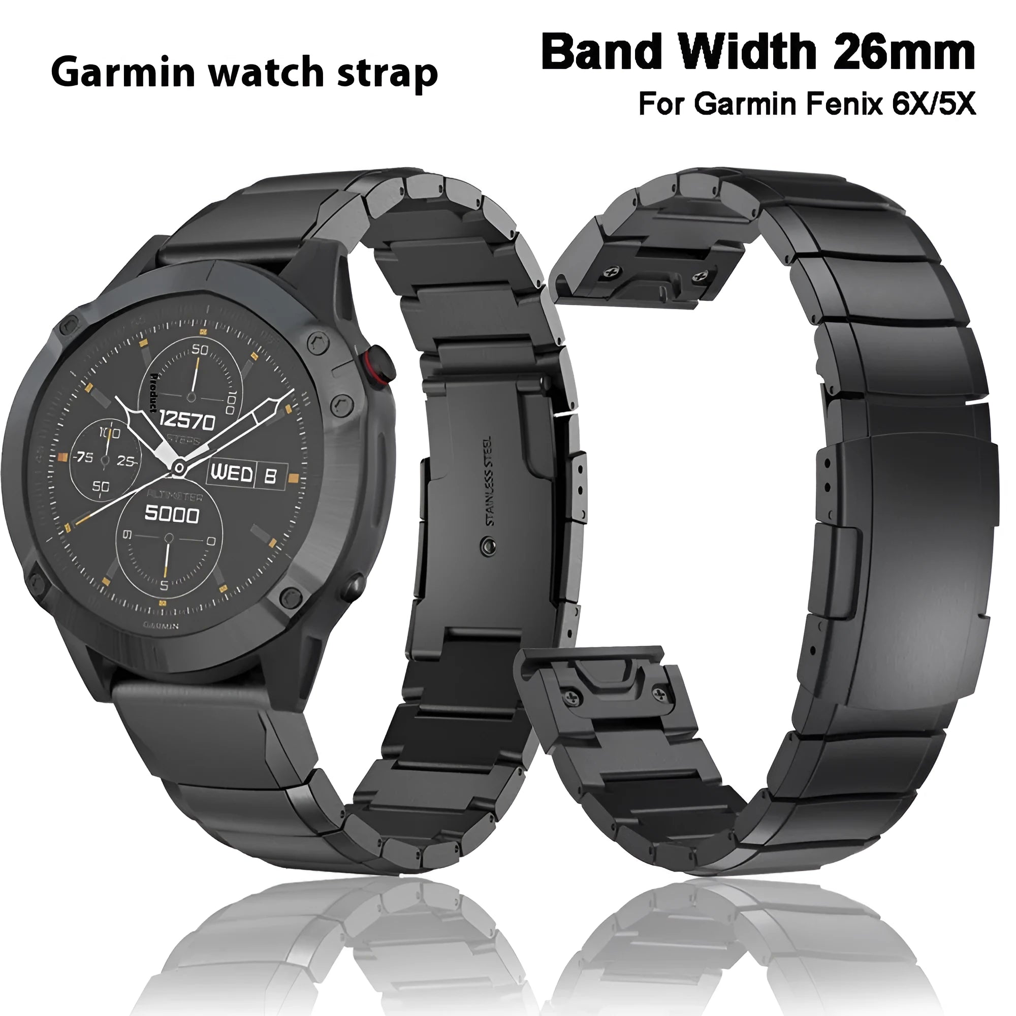 Stainless steel watch band for Garmin Fenix 3 and Fenix 5X in silver colour with straight buckle