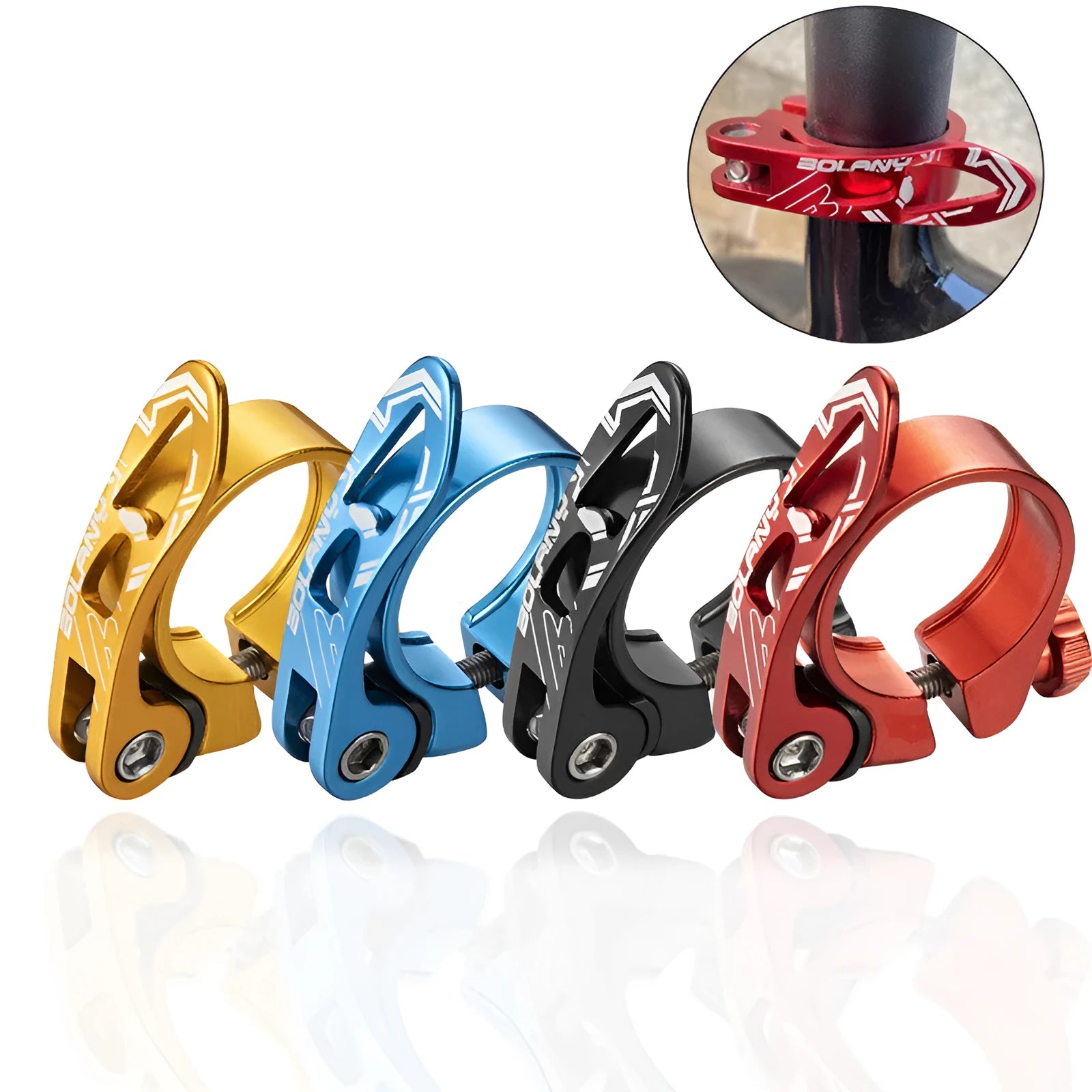Aluminium alloy mountain bicycle seat post clamp in black, blue, gold, and red colour options.