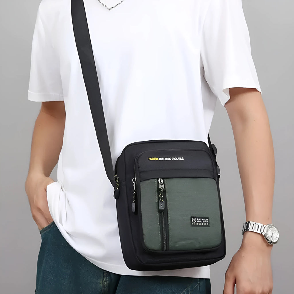 Men's casual outdoor one shoulder messenger bag in nylon with sewing thread details, shown in available colours.