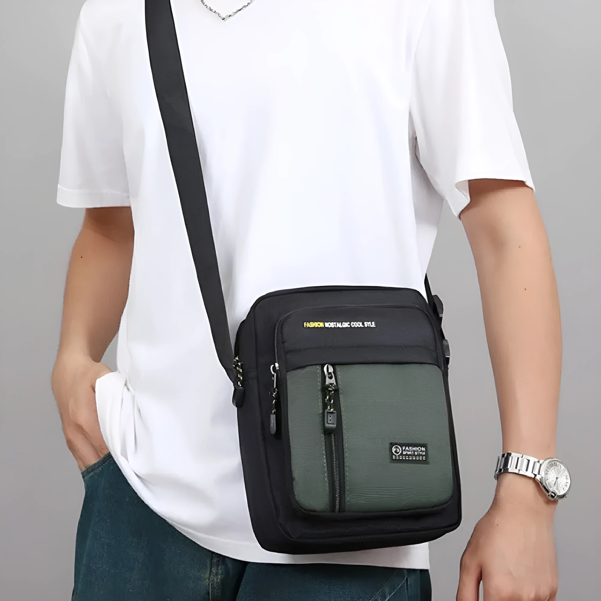 Men's casual outdoor one shoulder messenger bag in nylon with sewing thread details, shown in available colours.