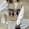 Diamond plaid pattern sleeveless cardigan top in loose fit with free size design