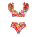 Floral patterned high waist bikini swimsuit with push up top on a mannequin.
