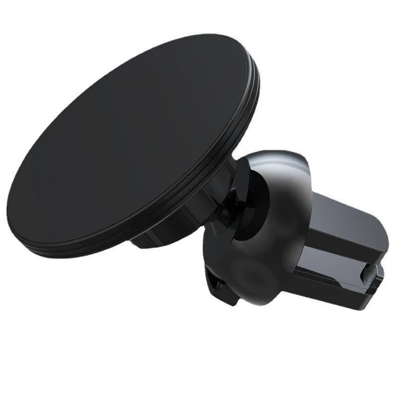 Black aluminium alloy magnetic car phone holder mounted on vehicle air vent with smartphone attached