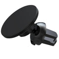 Black aluminium alloy magnetic car phone holder mounted on vehicle air vent with smartphone attached