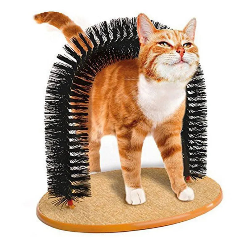 45cm arched cat grooming station with built-in brush bristles for scratching and self-grooming