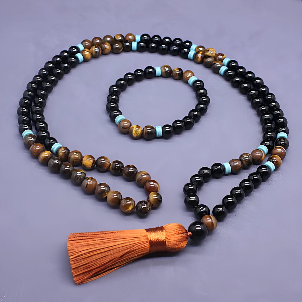 Black agate bracelet and matching necklace with tiger-shaped Tiger's Eye stones in geometric European-American design