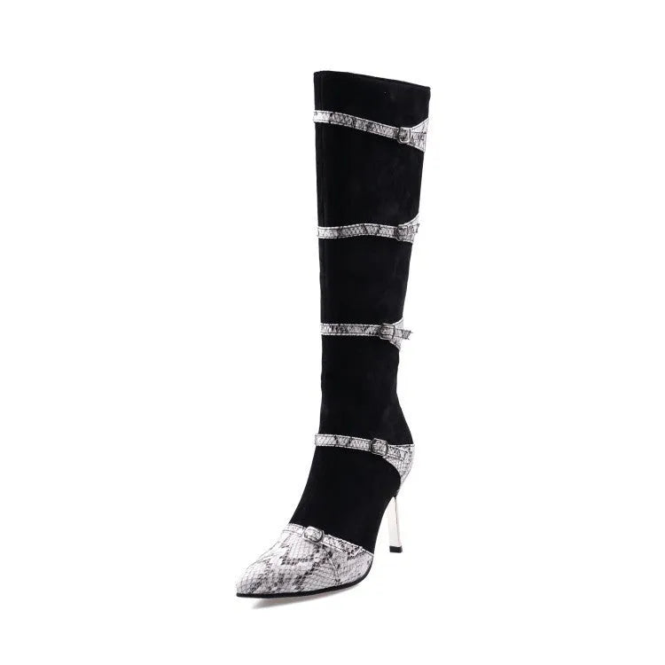 Women's knee-high boots with 9cm thin high heels in black or grey, showing PU surface and velvet lining