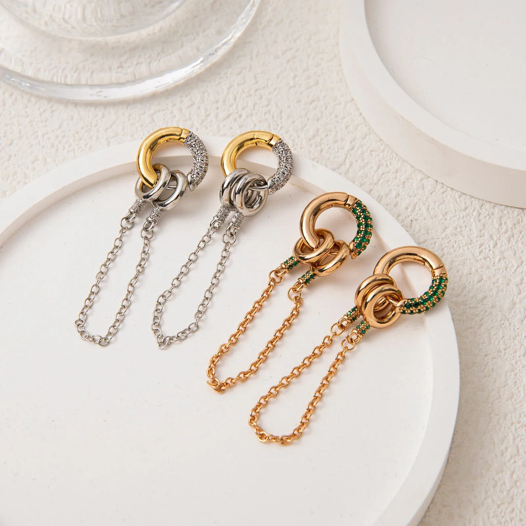 Pair of zircon ear studs with chain, electroplated copper, green or steel zircon, unisex two-way earrings