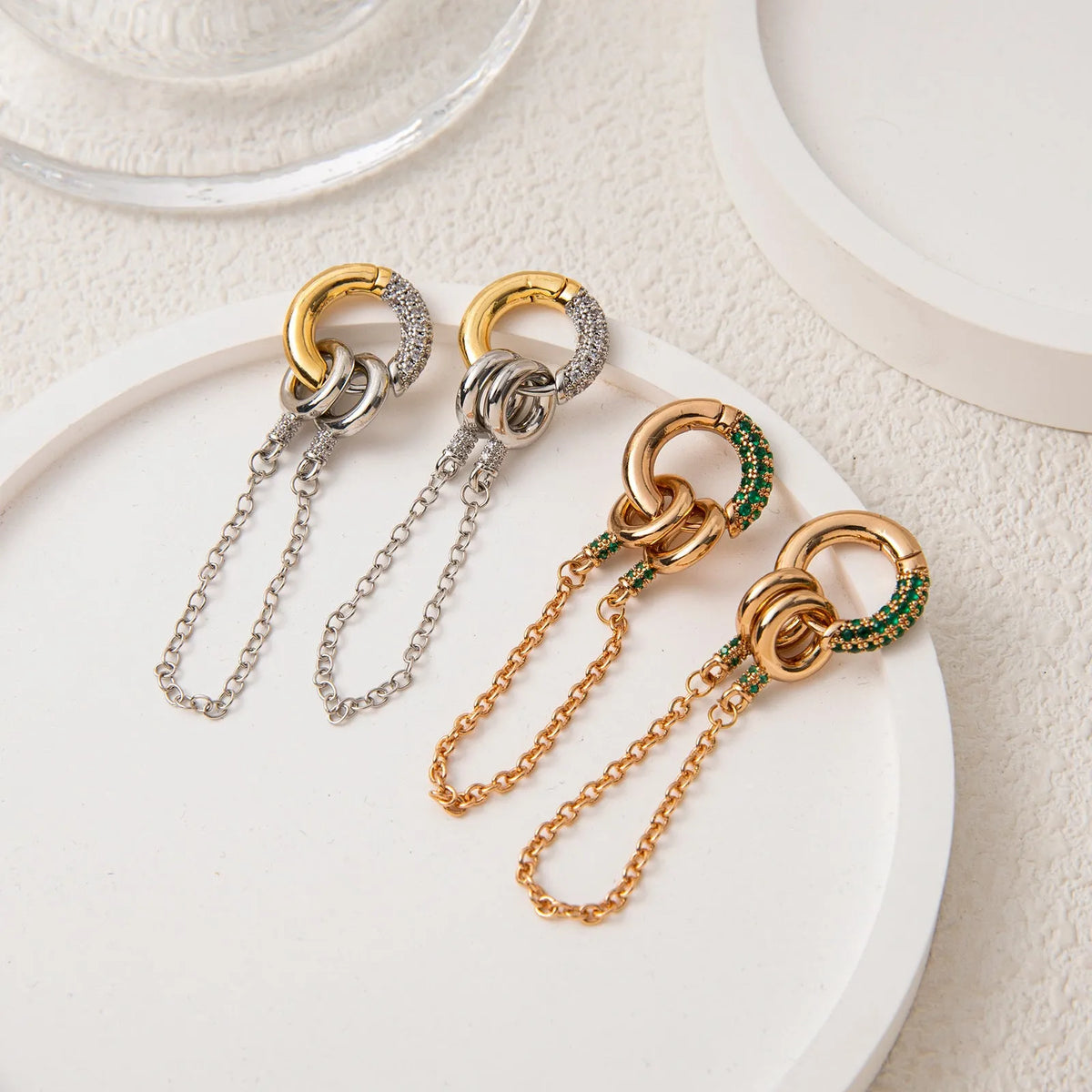 Pair of zircon ear studs with chain, electroplated copper, green or steel zircon, unisex two-way earrings