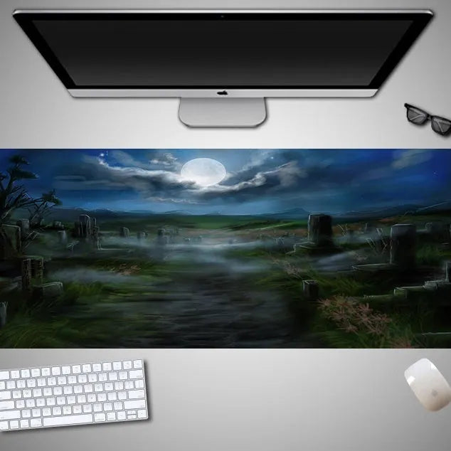 Oversized Halloween-themed mouse pad on desk with non-slip rubber cloth base and large surface area