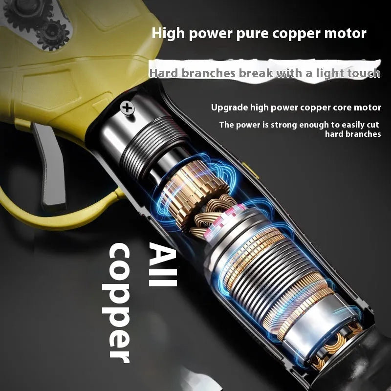 Electric pruning knife with plastic casing, lithium battery, and secateurs for cutting garden branches