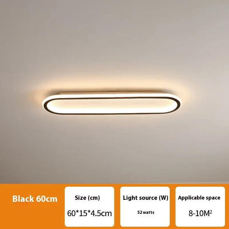 Strip ceiling lamp with aluminium frame and PVC shade in black, white, or gold finish, showing 60cm or 80cm length options