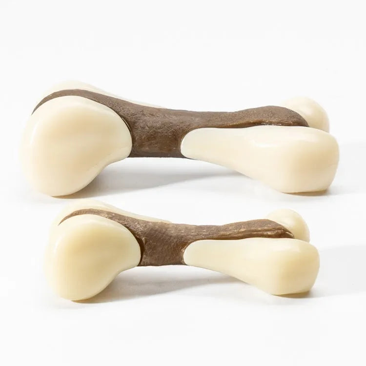 Cowhide and nylon bone grinding rod dog chewing toy shown in small and large size options