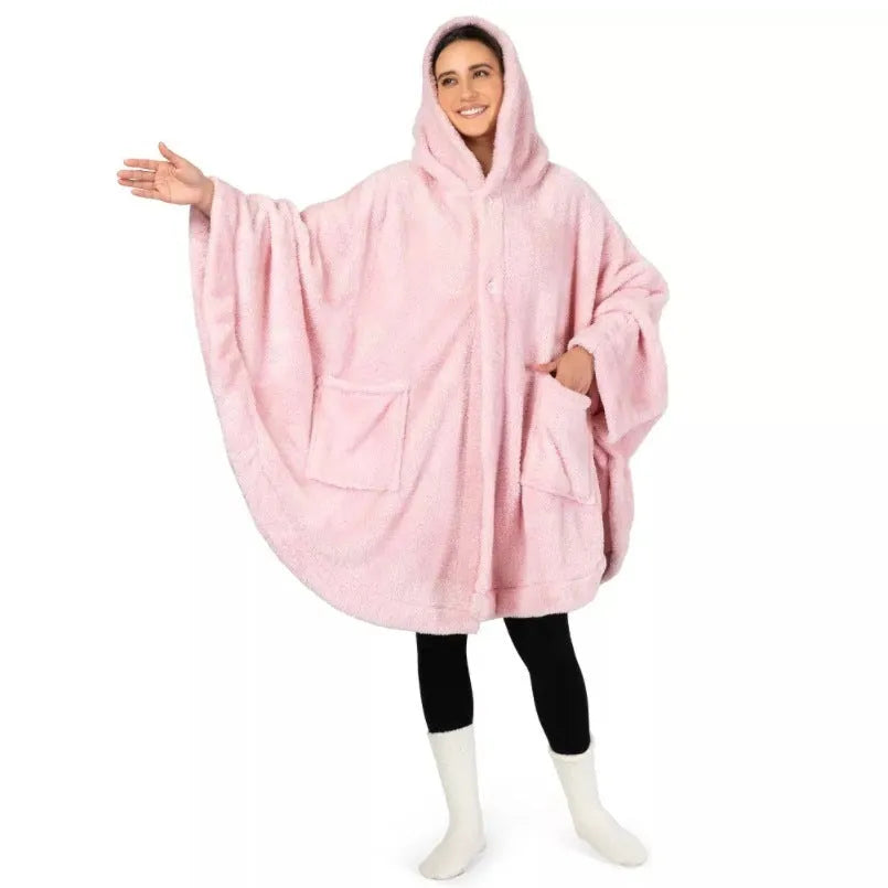 Hooded cloak bathrobe in black with long sleeves and tie belt, made from thick 501-600g/sq m polyester fabric